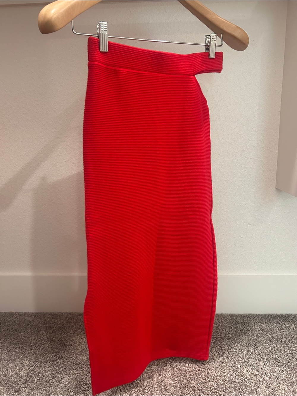 BB Dakota Bright Red Ribbed Pencil Skirt